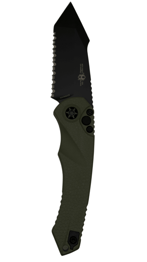 Heretic Knives | Mini Pariah Auto | Full Serrated | OD Green Handle | H055-4C-GRN