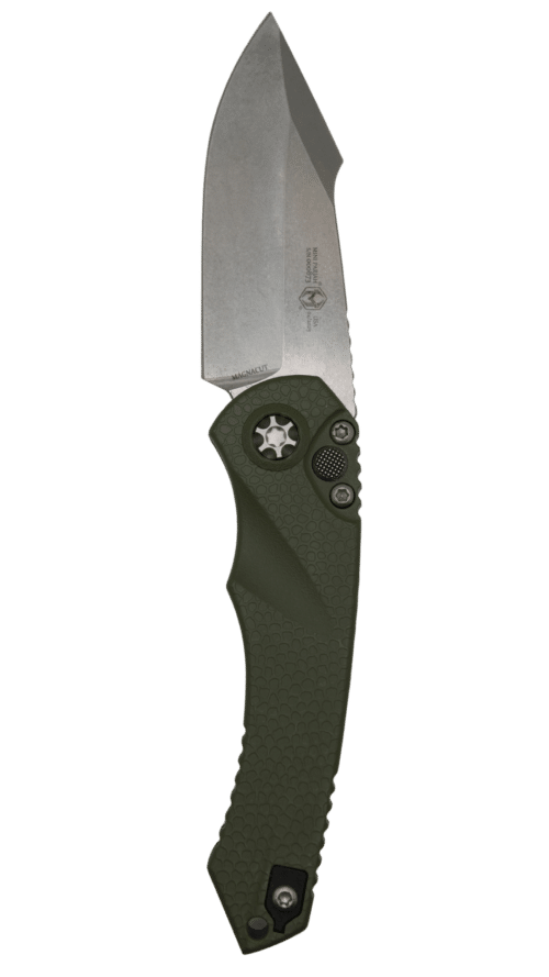 Heretic Knives | Mini Pariah Auto | Single Edge | Stonewash | OD Green Handle | H054-2A-GRN
